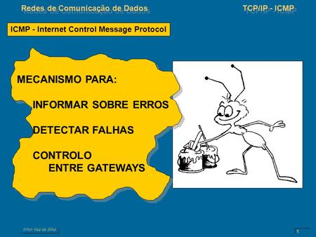 Vitor Vaz da Silva Redes de Comunicação de DadosTCP/IP - ICMP 1 ICMP - Internet Control Message Protocol MECANISMO PARA: INFORMAR SOBRE ERROS DETECTAR.