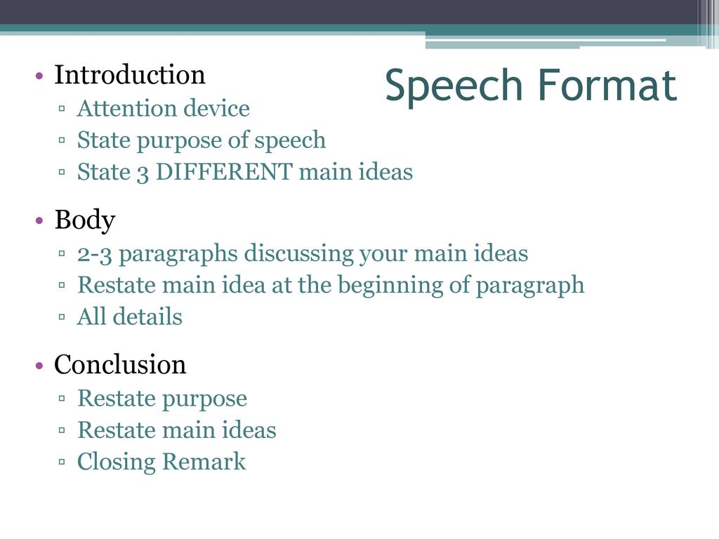 Speech Format Introduction Body Conclusion Attention device - ppt