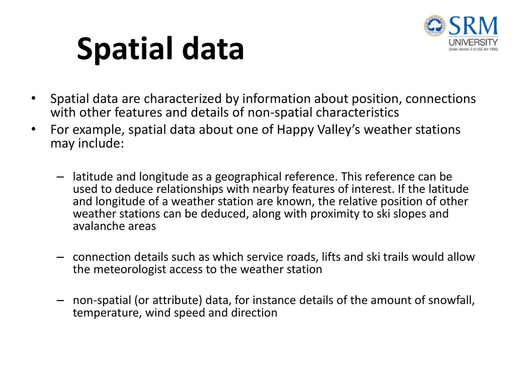 Spatial data Spatial data are characterized by information about position,  connections with other features and details of non-spatial characteristics  For. - ppt download