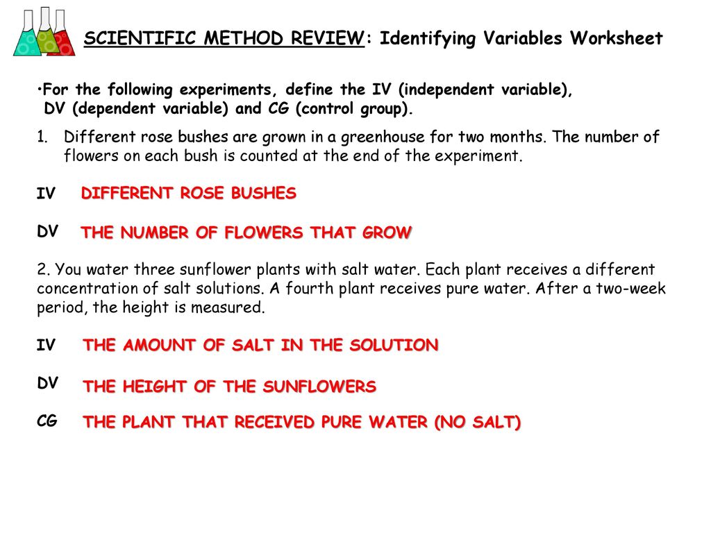 SCIENTIFIC METHOD REVIEW: Identifying Variables Worksheet - ppt Intended For Experimental Design Worksheet Answers
