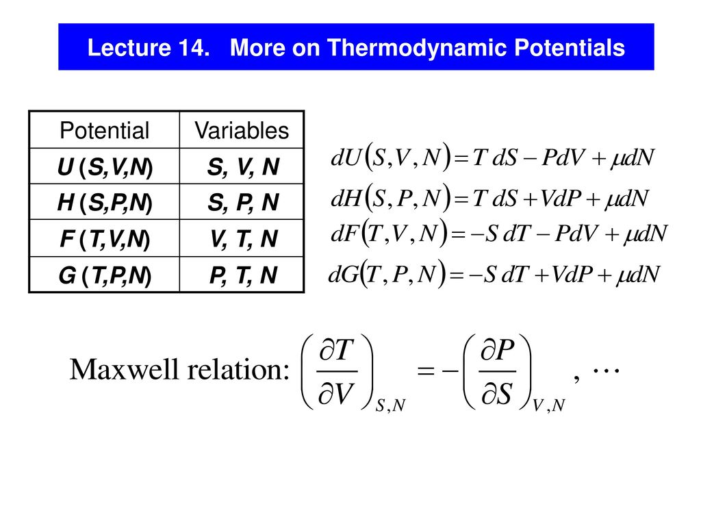 Lecture 14 More On Thermodynamic Potentials Ppt Download