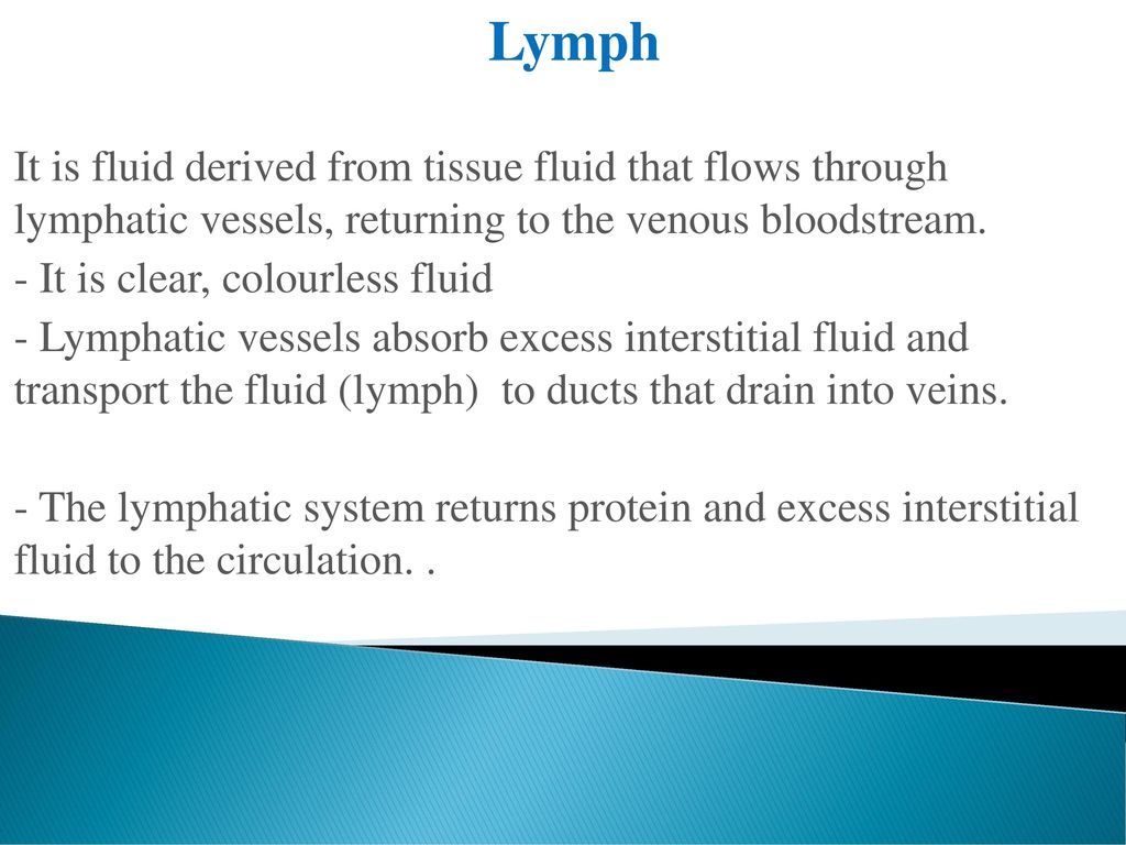 Lymph It is fluid derived from tissue fluid that flows through lymphatic  vessels, returning to the venous bloodstream. - It is clear, colourless  fluid. - ppt download