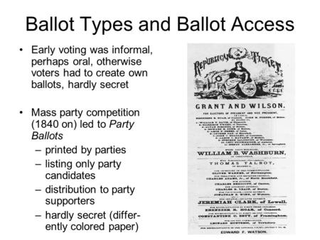 Ballot Types and Ballot Access Early voting was informal, perhaps oral, otherwise voters had to create own ballots, hardly secret Mass party competition.