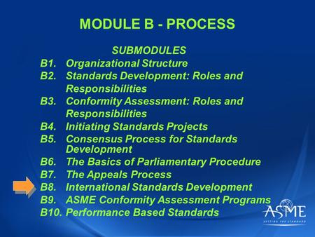 MODULE B - PROCESS SUBMODULES B1.Organizational Structure B2.Standards Development: Roles and Responsibilities B3.Conformity Assessment: Roles and Responsibilities.