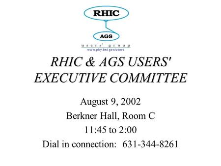 RHIC & AGS USERS' EXECUTIVE COMMITTEE August 9, 2002 Berkner Hall, Room C 11:45 to 2:00 Dial in connection: 631-344-8261.
