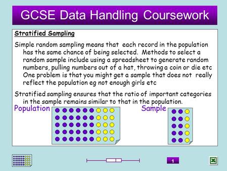 GCSE Data Handling Coursework 1 Stratified Sampling Simple random sampling means that each record in the population has the same chance of being selected.
