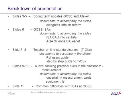 Breakdown of presentation x of x Version 3.0 Copyright © AQA and its licensors. All rights reserved. Slides 3-5 – Spring term updates GCSE and A’level.