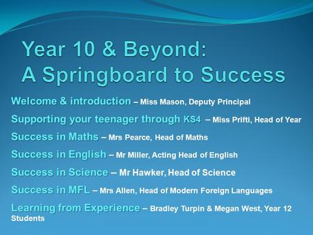 Welcome & introduction Welcome & introduction – Miss Mason, Deputy Principal Supporting your teenager through KS4 Supporting your teenager through KS4.