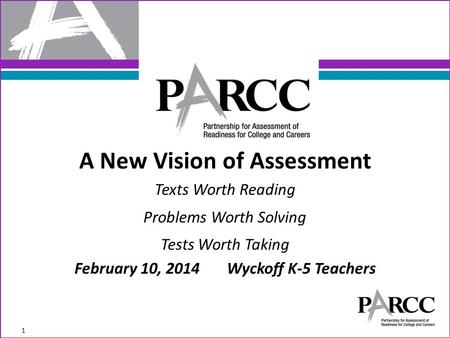 A New Vision of Assessment Texts Worth Reading Problems Worth Solving Tests Worth Taking February 10, 2014 Wyckoff K-5 Teachers 1.