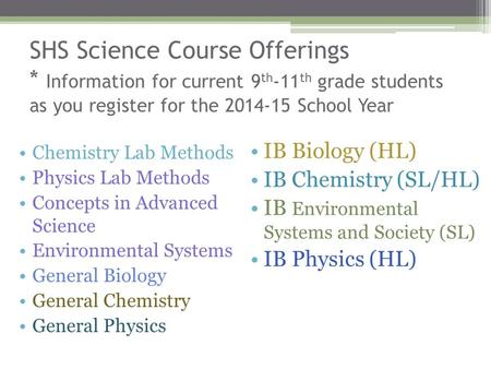 SHS Science Course Offerings * Information for current 9 th -11 th grade students as you register for the 2014-15 School Year Chemistry Lab Methods Physics.