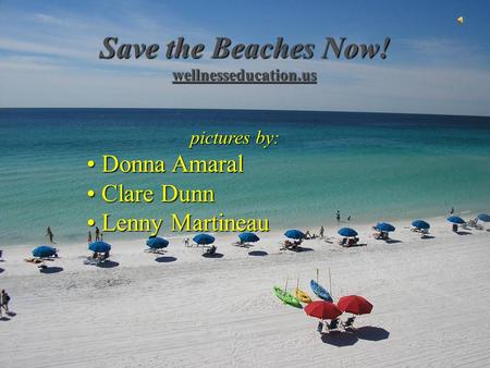 Save the Beaches Now! wellnesseducation.us pictures by: Donna Amaral Donna Amaral Clare Dunn Clare Dunn Lenny Martineau Lenny Martineau.
