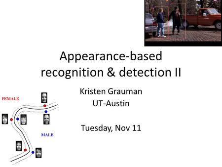 Appearance-based recognition & detection II Kristen Grauman UT-Austin Tuesday, Nov 11.