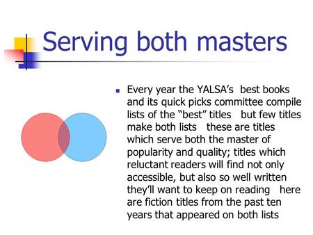 Serving both masters Every year the YALSA’s best books and its quick picks committee compile lists of the “best” titles but few titles make both lists.
