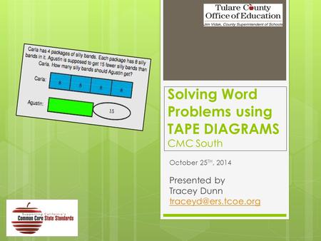 Solving Word Problems using TAPE DIAGRAMS CMC South October 25 TH, 2014 Presented by Tracey Dunn