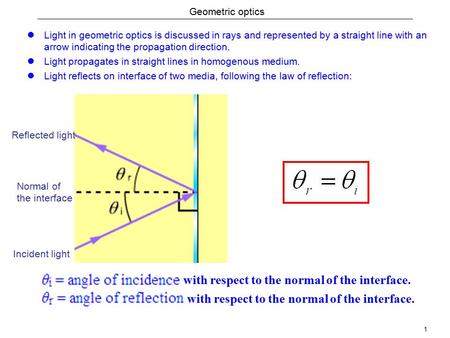 1 Geometric optics Light in geometric optics is discussed in rays and represented by a straight line with an arrow indicating the propagation direction.