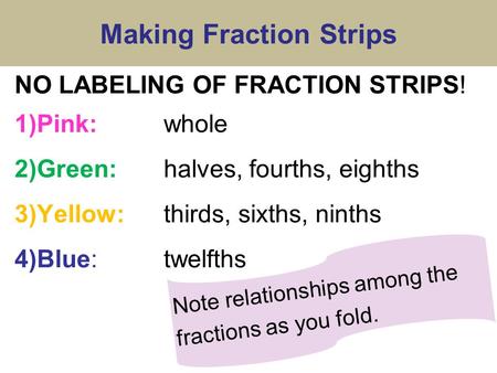 Making Fraction Strips NO LABELING OF FRACTION STRIPS! 1)Pink: whole 2)Green:halves, fourths, eighths 3)Yellow:thirds, sixths, ninths 4)Blue:twelfths Note.