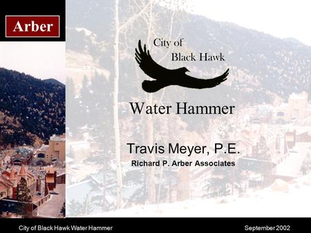 City of Black Hawk Water HammerSeptember 2002 Arber Water Hammer Travis Meyer, P.E. Richard P. Arber Associates.