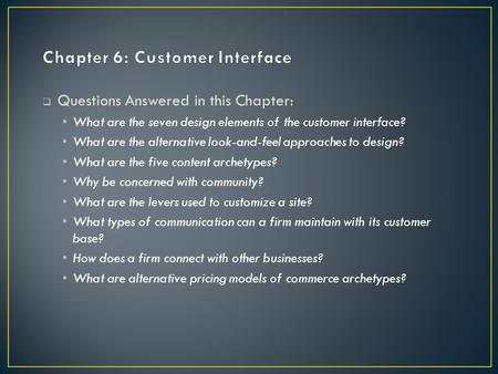  Questions Answered in this Chapter: What are the seven design elements of the customer interface? What are the alternative look-and-feel approaches to.