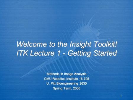 1 Welcome to the Insight Toolkit! ITK Lecture 1 - Getting Started Methods in Image Analysis CMU Robotics Institute 16-725 U. Pitt Bioengineering 2630 Spring.