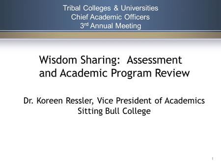 Tribal Colleges & Universities Chief Academic Officers 3 rd Annual Meeting 1 Wisdom Sharing: Assessment and Academic Program Review Dr. Koreen Ressler,