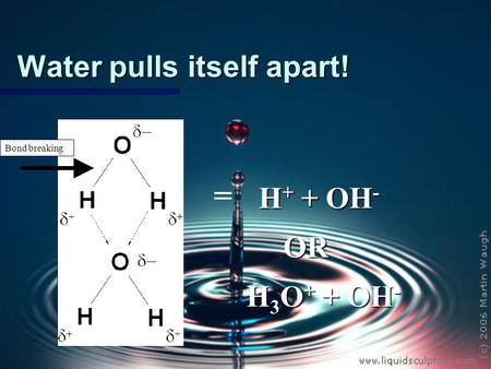 Water pulls itself apart! = H + + OH - H 3 O + + OH - OR Bond breaking.