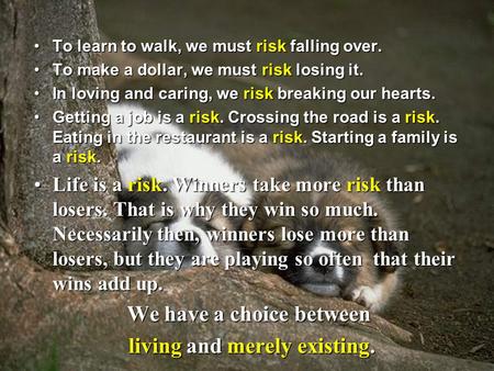 To learn to walk, we must risk falling over.To learn to walk, we must risk falling over. To make a dollar, we must risk losing it.To make a dollar, we.