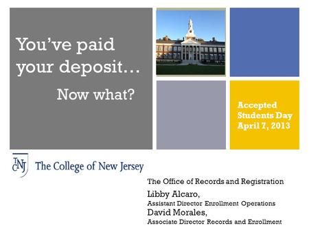 You’ve paid your deposit… Now what? Libby Alcaro, Assistant Director Enrollment Operations David Morales, Associate Director Records and Enrollment Accepted.