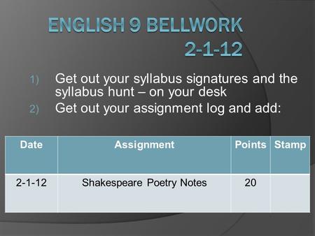 1) Get out your syllabus signatures and the syllabus hunt – on your desk 2) Get out your assignment log and add: DateAssignmentPointsStamp 2-1-12Shakespeare.