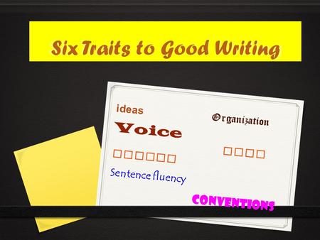 Six Traits to Good Writing ideas Organization Voice word choice Sentence fluency conventions.
