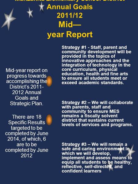 Manzanita Elementary School District Annual Goals 2011/12 Mid— year Report Strategy #1 - Staff, parent and community development will be provided in the.