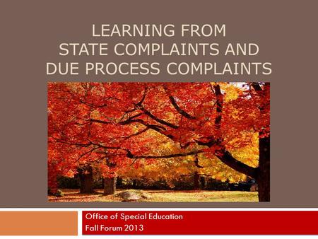 LEARNING FROM STATE COMPLAINTS AND DUE PROCESS COMPLAINTS Office of Special Education Fall Forum 2013.