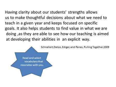 Having clarity about our students’ strengths allows us to make thoughtful decisions about what we need to teach in a given year and keeps focused on specific.