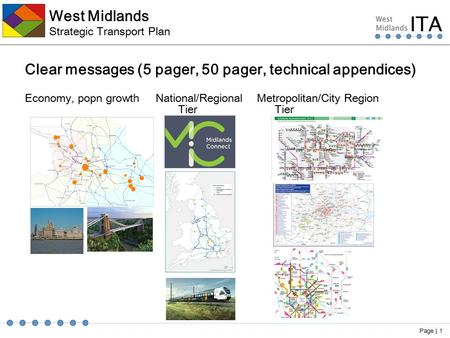 West Midlands Strategic Transport Plan Clear messages (5 pager, 50 pager, technical appendices) Economy, popn growth National/Regional Metropolitan/City.