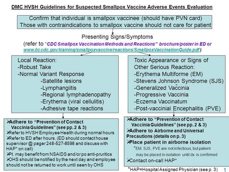DMC HVSH Guidelines for Suspected Smallpox Vaccine Adverse Events Evaluation Confirm that individual is smallpox vaccinee (should have PVN card) Those.