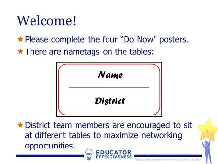 Massachusetts Department of Elementary & Secondary Education 1 Welcome!  Please complete the four “Do Now” posters.  There are nametags on the tables: