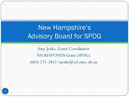 Amy Jenks, Grant Coordinator NH RESPONDS Grant (SPDG) (603) 1 New Hampshire’s Advisory Board for SPDG.