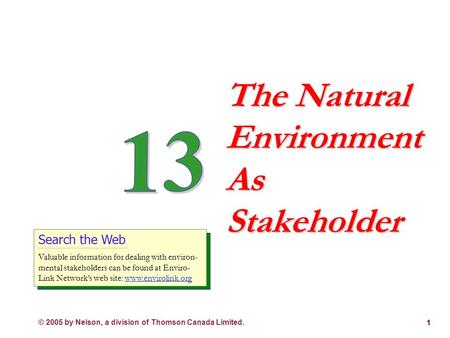 © 2005 by Nelson, a division of Thomson Canada Limited. 1 The Natural Environment As Stakeholder Search the Web Valuable information for dealing with.