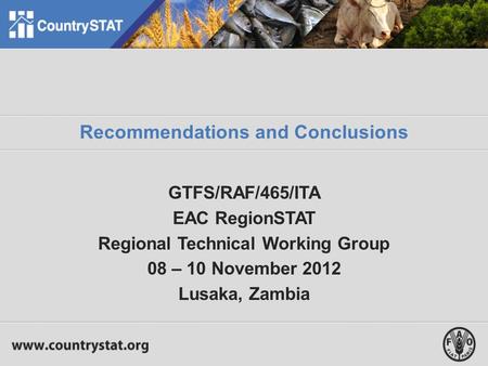 Recommendations and Conclusions GTFS/RAF/465/ITA EAC RegionSTAT Regional Technical Working Group 08 – 10 November 2012 Lusaka, Zambia.