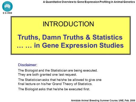 A Quantitative Overview to Gene Expression Profiling in Animal Genetics Armidale Animal Breeding Summer Course, UNE, Feb. 2006 Truths, Damn Truths & Statistics.