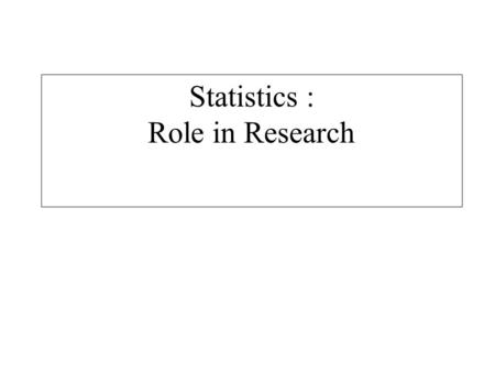 Statistics : Role in Research. Statistics: A collection of procedures and processes to enable researchers in the unbiased pursuit of Knowledge Statistics.