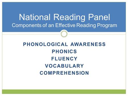 PHONOLOGICAL AWARENESS PHONICS FLUENCY VOCABULARY COMPREHENSION National Reading Panel Components of an Effective Reading Program.