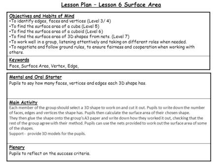 Lesson Plan – Lesson 6 Surface Area Mental and Oral Starter Pupils to say how many faces, vertices and edges each 3D shape has. Main Activity Each member.