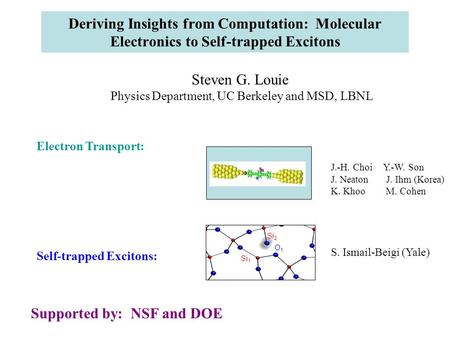 Deriving Insights from Computation: Molecular Electronics to Self-trapped Excitons Steven G. Louie Physics Department, UC Berkeley and MSD, LBNL Electron.