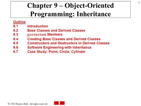 2002 Prentice Hall. All rights reserved. 1 Chapter 9 – Object-Oriented Programming: Inheritance Outline 9.1Introduction 9.2Base Classes and Derived Classes.