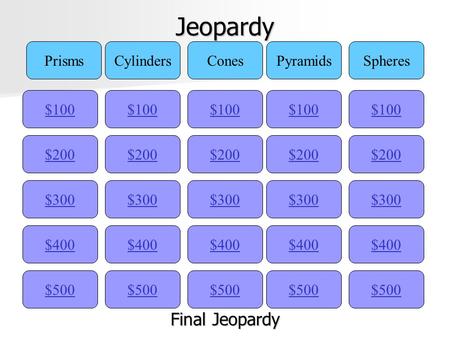 Jeopardy Final Jeopardy Prisms Cylinders Cones Pyramids Spheres $100