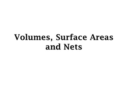 Volumes, Surface Areas and Nets. Volume is the space occupied by a 3-D shape. It is calculated by multiplying the three dimensions together. Consider.