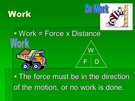 Work Work = Force x Distance The force must be in the direction