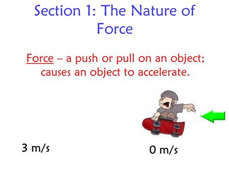 Section 1: The Nature of Force Force – a push or pull on an object; causes an object to accelerate. 0 m/s 3 m/s.