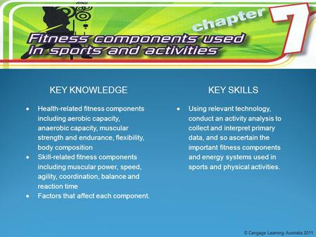 KEY KNOWLEDGEKEY SKILLS  Health-related fitness components including aerobic capacity, anaerobic capacity, muscular strength and endurance, flexibility,