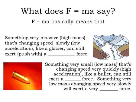 What does F = ma say? F = ma basically means that Something very small (low mass) that’s changing speed very quickly (high acceleration), like a bullet,